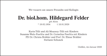 Traueranzeige von Hildegard Felder von Giessener Allgemeine, Alsfelder Allgemeine