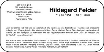Traueranzeige von Hildegard Felder von Giessener Allgemeine, Alsfelder Allgemeine