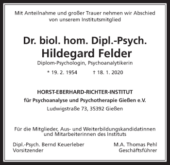 Traueranzeige von Hildegard Felder von Giessener Allgemeine, Alsfelder Allgemeine
