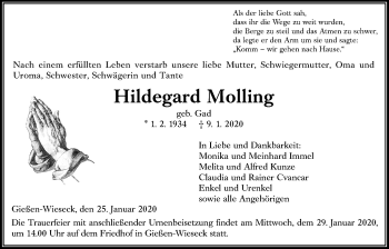 Traueranzeige von Hildegard Molling von Giessener Allgemeine, Alsfelder Allgemeine