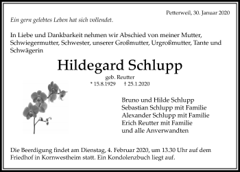 Traueranzeige von Hildegard Schlupp von Bad Vilbel/Karben