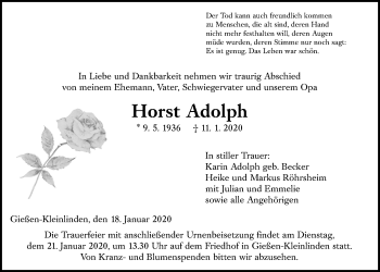 Traueranzeige von Horst Adolph von Giessener Allgemeine, Alsfelder Allgemeine