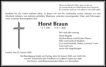 Traueranzeige von Horst Braun von Giessener Allgemeine, Alsfelder Allgemeine