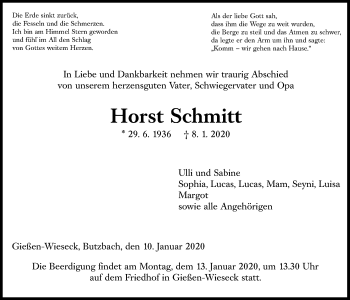 Traueranzeige von Horst Schmitt von Giessener Allgemeine, Alsfelder Allgemeine