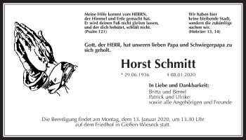 Traueranzeige von Horst Schmitt von Wetterauer Zeitung, Giessener Allgemeine, Alsfelder Allgemeine