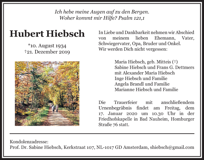  Traueranzeige für Hubert Hiebsch vom 04.01.2020 aus Wetterauer Zeitung