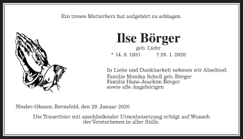 Traueranzeige von Ilse Börger von Alsfelder Allgemeine