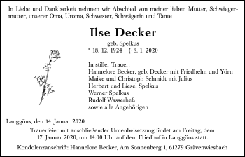 Traueranzeige von Ilse Decker von Giessener Allgemeine, Alsfelder Allgemeine