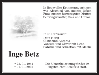Traueranzeige von Inge Betz von Wetterauer Zeitung