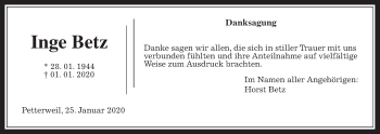 Traueranzeige von Inge Betz von Wetterauer Zeitung