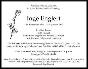 Traueranzeige von Inge Englert von Bad Vilbel/Karben