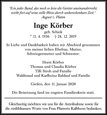 Traueranzeige von Inge Körber von Giessener Allgemeine, Alsfelder Allgemeine