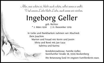 Traueranzeige von Ingeborg Geller von Wetterauer Zeitung