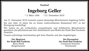 Traueranzeige von Ingeborg Geller von Wetterauer Zeitung