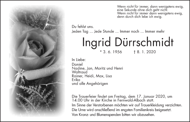  Traueranzeige für Ingrid Dürrschmidt vom 14.01.2020 aus Giessener Allgemeine, Alsfelder Allgemeine