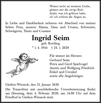 Traueranzeige von Ingrid Seim von Giessener Allgemeine, Alsfelder Allgemeine