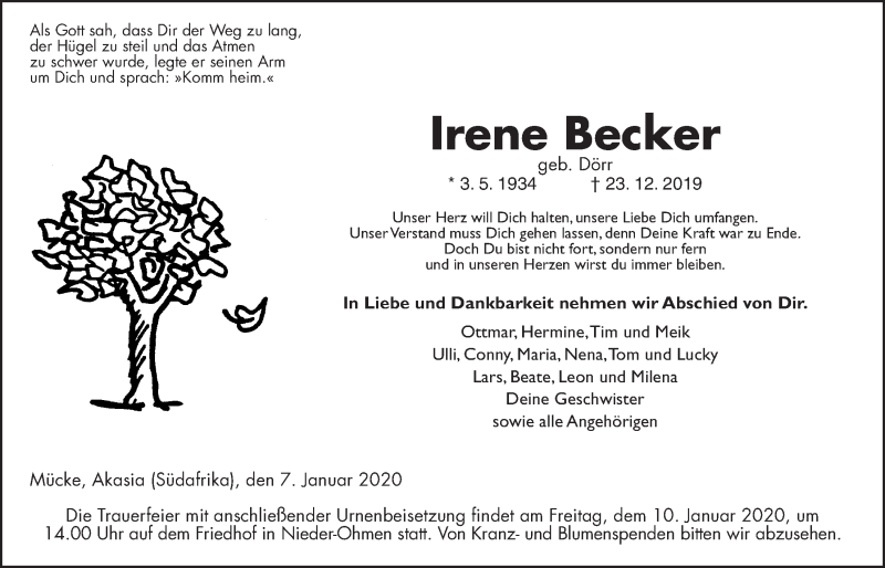  Traueranzeige für Irene Becker vom 07.01.2020 aus Giessener Allgemeine, Alsfelder Allgemeine