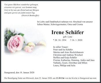 Traueranzeige von Irene Schäfer von Giessener Allgemeine, Alsfelder Allgemeine