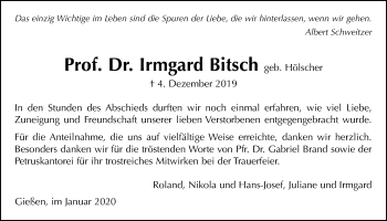 Traueranzeige von Irmgard Bitsch von Giessener Allgemeine, Alsfelder Allgemeine