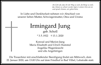 Traueranzeige von Irmingard Jung von Bad Vilbeler Anzeiger, Karbener Zeitung