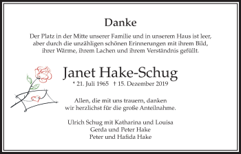 Traueranzeige von Janet Hake-Schug von Bad Vilbel/Karben