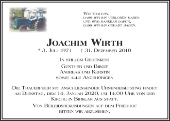 Traueranzeige von Joachim Wirth von Licher Wochenblatt
