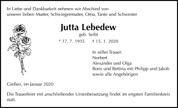 Traueranzeige von Jutta Lebedew von Giessener Allgemeine, Alsfelder Allgemeine