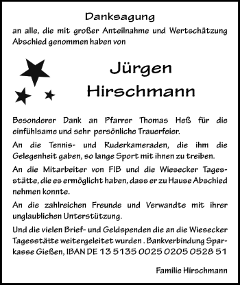 Traueranzeige von Jürgen Hirschmann von Giessener Allgemeine, Alsfelder Allgemeine