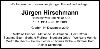 Traueranzeige von Jürgen Hirschmann von Giessener Allgemeine, Alsfelder Allgemeine