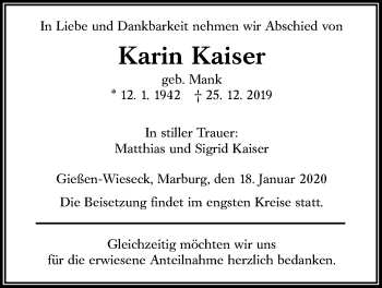 Traueranzeige von Karin Kaiser von Giessener Allgemeine, Alsfelder Allgemeine