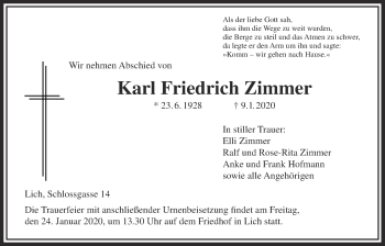 Traueranzeige von Karl-Friedrich Zimmer von Licher Wochenblatt