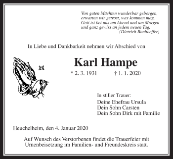 Traueranzeige von Karl Hampe von Giessener Allgemeine, Alsfelder Allgemeine