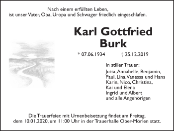Traueranzeige von Karl Gottfried Burk von Wetterauer Zeitung