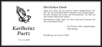 Traueranzeige von Karlheinz Paetz von Wetterauer Zeitung