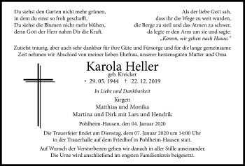 Traueranzeige von Karola Heller von Giessener Allgemeine, Alsfelder Allgemeine