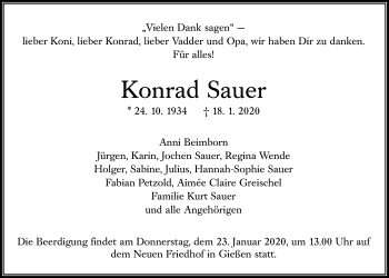 Traueranzeige von Konrad Sauer von Giessener Allgemeine, Alsfelder Allgemeine