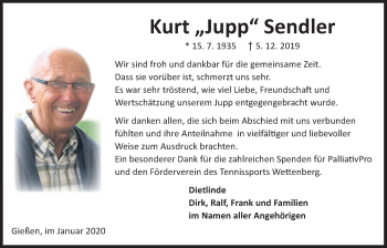 Traueranzeige von Kurt Sendler von Giessener Allgemeine, Alsfelder Allgemeine