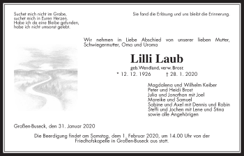 Traueranzeige von Lilli Laub von Giessener Allgemeine, Alsfelder Allgemeine