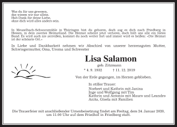 Traueranzeige von Lisa Salamon von Wetterauer Zeitung