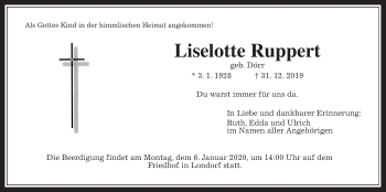 Traueranzeige von Liselotte Ruppert von Giessener Allgemeine, Alsfelder Allgemeine