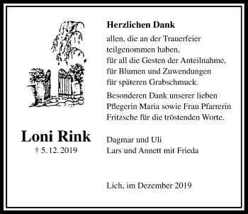 Traueranzeige von Loni Rink von Licher Wochenblatt
