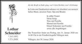 Traueranzeige von Lothar Schneider von Licher Wochenblatt
