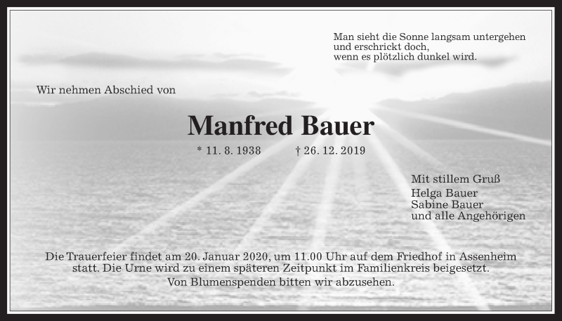  Traueranzeige für Manfred Bauer vom 11.01.2020 aus Wetterauer Zeitung