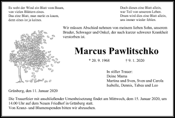 Traueranzeige von Marcus Pawlitschko von Giessener Allgemeine, Alsfelder Allgemeine