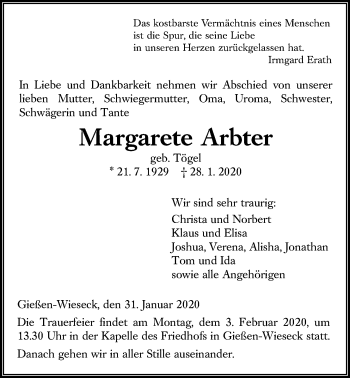Traueranzeige von Margarete Arbter von Giessener Allgemeine, Alsfelder Allgemeine