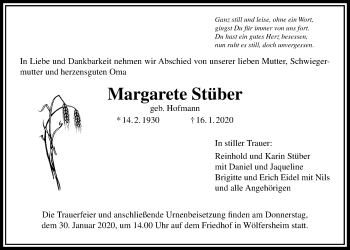 Traueranzeige von Margarete Stüber von Wetterauer Zeitung