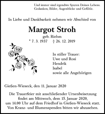 Traueranzeige von Margot Stroh von Giessener Allgemeine, Alsfelder Allgemeine