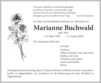 Traueranzeige von Marianne Buchwald von Wetterauer Zeitung