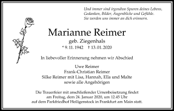 Traueranzeige von Marianne Reimer von Bad Vilbel/Karben