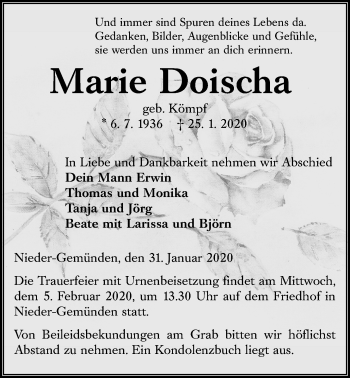 Traueranzeige von Marie Doischa von Alsfelder Allgemeine